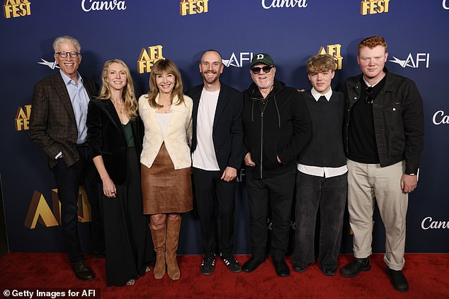 The entire team gathered for a group photo along the red carpet; Danson is seen alongside his stepdaughter Lily McDowell, who was with her mother, her son Charlie, as well as Malcom, Seamus and his brother Beckett McDowell.