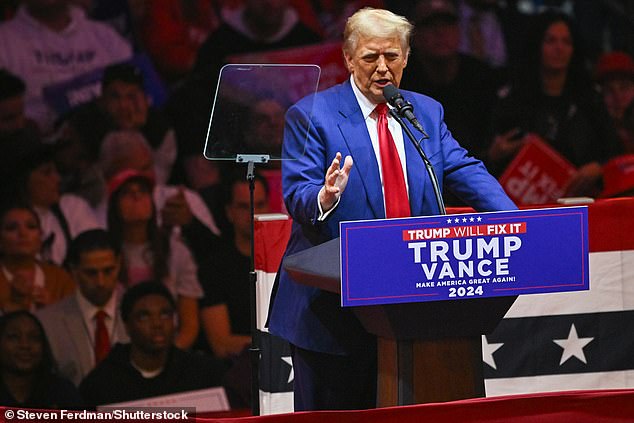 Former President Donald Trump speaking at his rally at Madison Square Garden. Harris said the former president is 