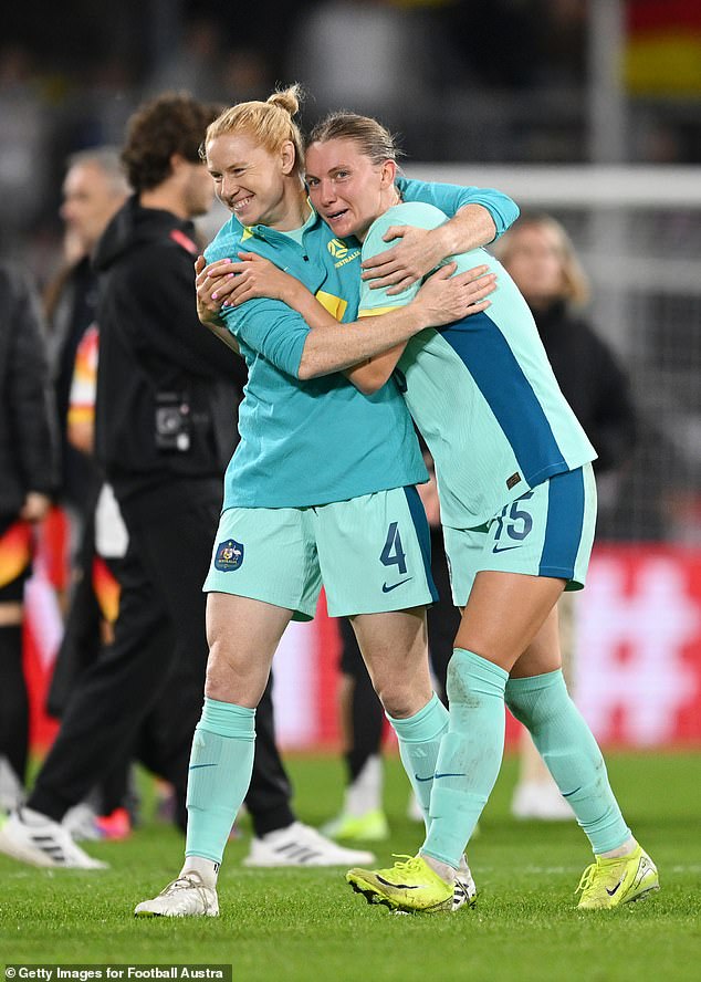 Clare Hunt (right) scored her first international goal to put the Matildas ahead