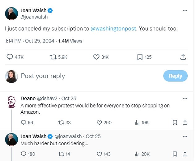 Liberal author Joan Walsh was one of the X users who admitted that while she was able to cancel her WaPo subscription, she kept her Amazon account.