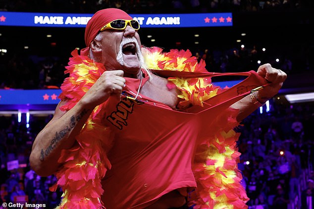 Retired WWF wrestler Hulk Hogan burst onto the stage wearing a fluorescent red boa and ripped off his shirt to his 'Real American' soundtrack, declaring: 'I don't see any stinking Nazis here.'