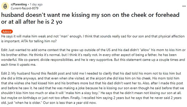 The anonymous mother took to Reddit to explain that her spouse is furious over the fact that she kisses their one-year-old son's face.