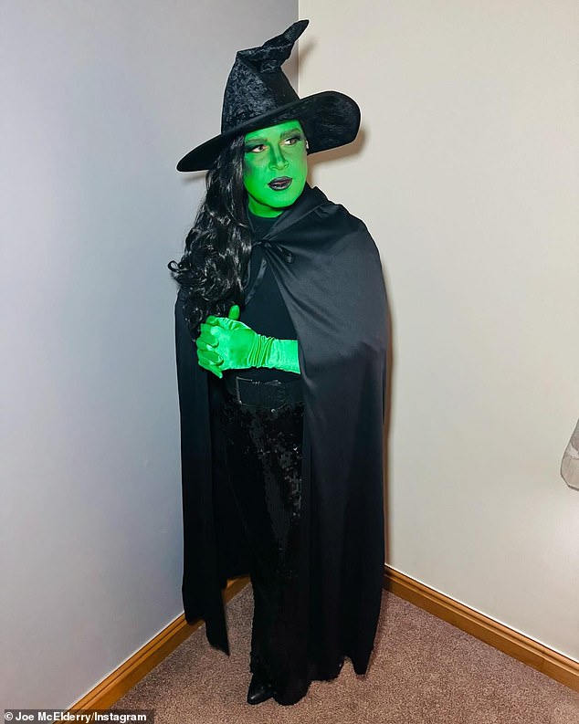 X Factor star Joe McElderry looked completely unrecognizable as he dressed up as Elphaba from Wicked for a 'spooky' Halloween event on Sunday.