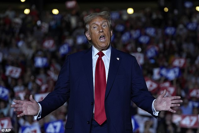 Donald Trump speaks during a campaign rally at McCamish Pavilion on Monday, October 28, 2024 in Atlanta