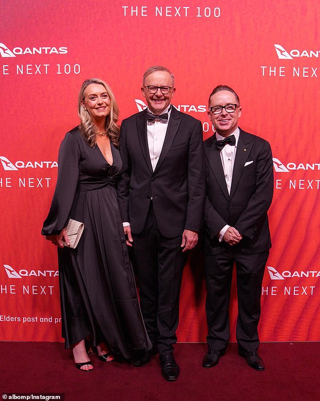 Excerpts from a forthcoming book by former Australian Financial Review columnist Joe Aston, The Chairman's Lounge, list at least 22 free upgrades to economy class tickets, dating back to 2009, when Albanese was transport minister during the Rudd government (pictured is Anthony Albanese with his partner Jodie Haydon and former Qantas boss Alan Joyce)