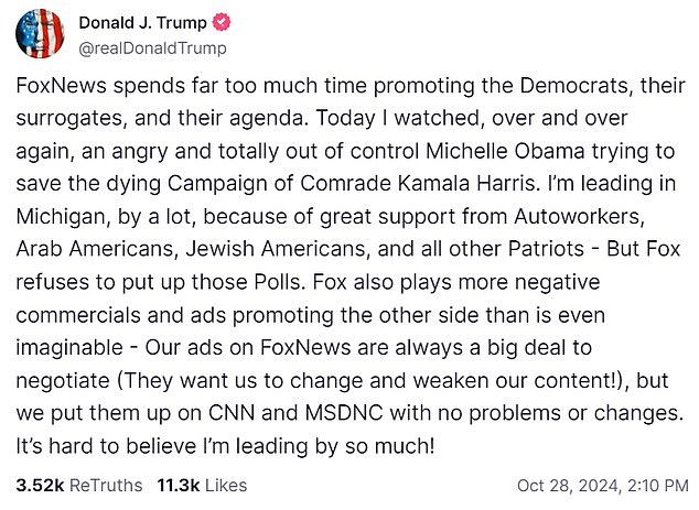 Trump criticized Obama, as well as Fox News, on his social media platform.