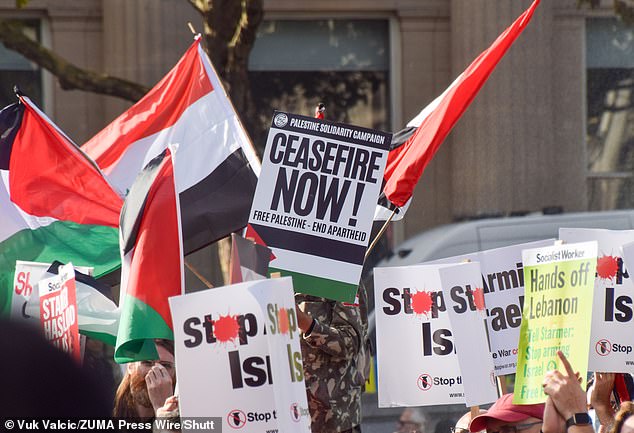 Thousands of pro-Palestinian protesters gather in Trafalgar Square calling on the UK government to stop arming Israel.