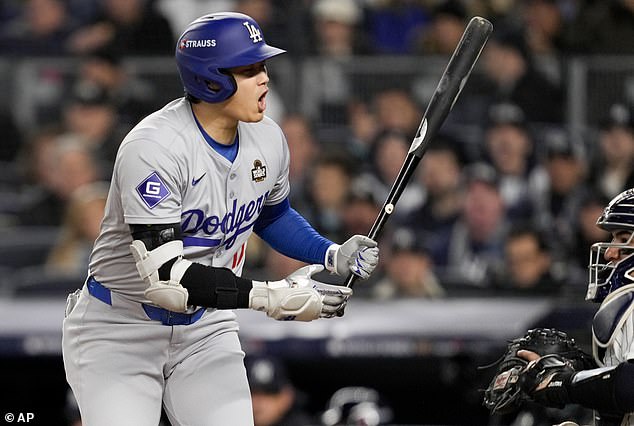 Ohtani had his arm in a sling until shortly before the first pitch in Game 3 of the World Series.