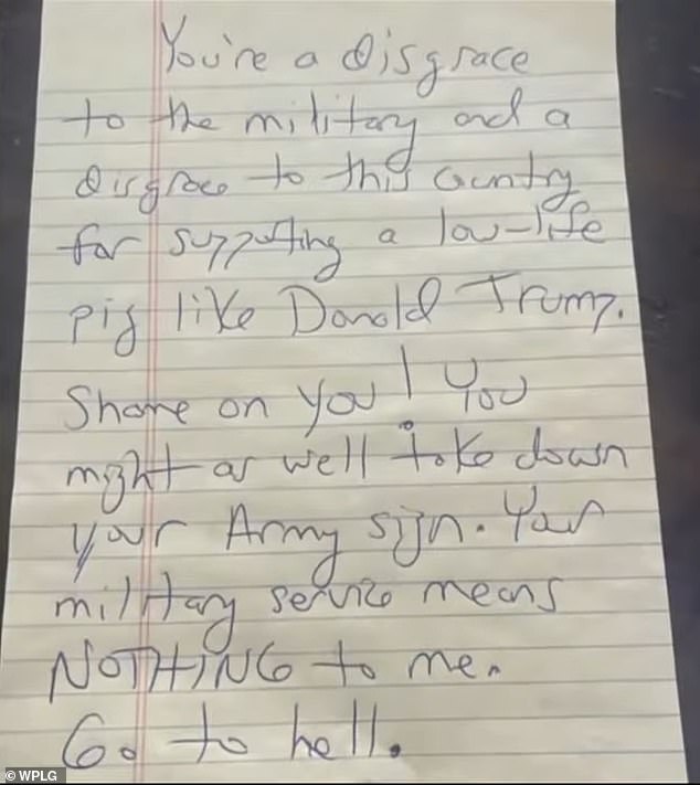 In the photo: The letter that the stranger left the veteran, which concludes by telling him 'Go to hell'