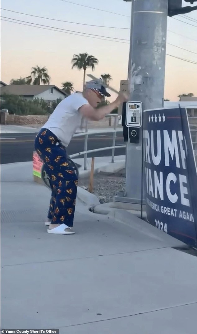 An Arizona man was caught on video cutting down a Trump-Vance campaign sign with a machete last week.