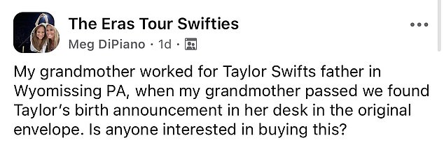 On Facebook, she asked if any fellow Swifties would be interested in purchasing the birth announcement.