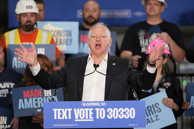 Minnesota Gov. Democratic vice presidential candidate Tim Walz speaks at a campaign rally Monday, Oct. 28, 2024, in Manitowoc, Wisconsin.