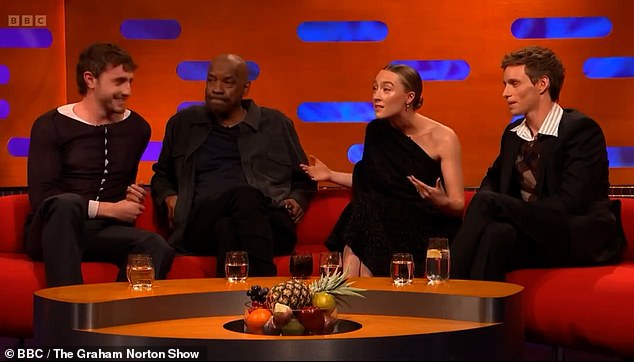 Ronan's mic drop moment came during an appearance on Graham Norton's show on October 25, alongside Paul Mescal (far left), Denzel Washington (center left) and Eddie Redmayne (far right).