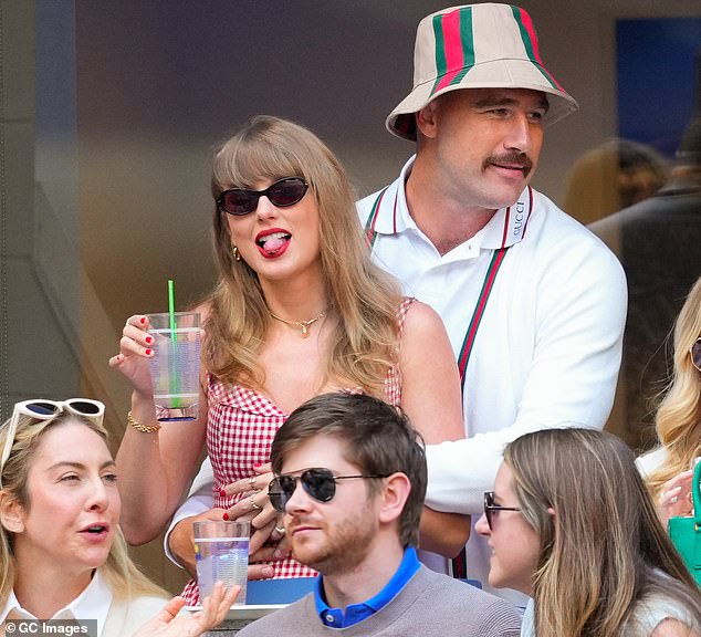 Swift wore a red and white plaid dress from Reformation and Kelce in a matching white Gucci ensemble, complete with a printed bucket hat.