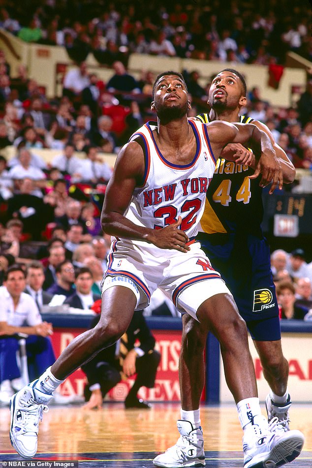 Jerrod Mustaf of the Knicks boxes against the Pacers at Madison Square Garden in 1993