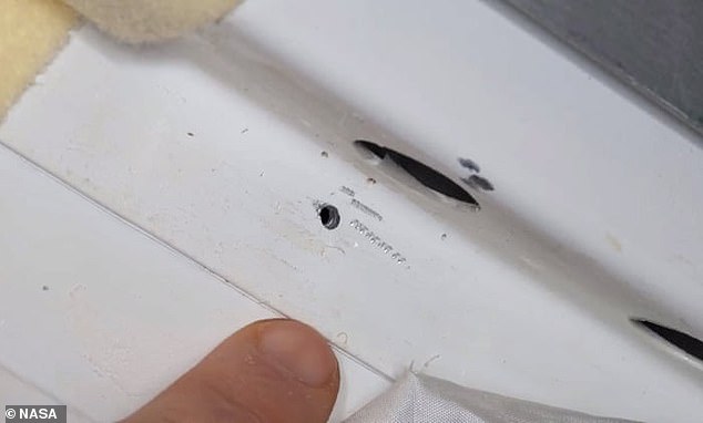 This is not the first time the ISS has suffered a leak. In 2018, astronauts rushed to repair a hole (pictured) that had appeared in the outer wall of the Soyuz capsule at the orbiting laboratory.