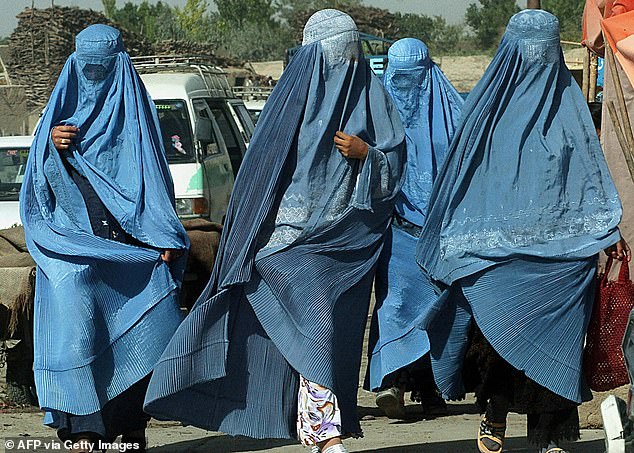 A group of Afghan women dressed in burqas walk towards a market in Ghazni, August 4, 2007.