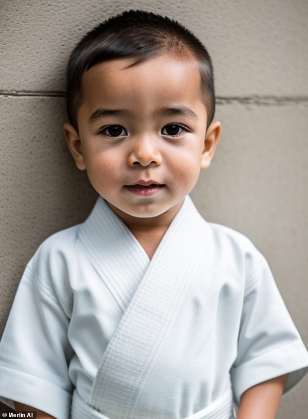 In an AI-generated photo by Merlin AI, the couple's future son looked just like dad, with striking eyebrows and dark brown hair while wearing a jiu-jitsu mini suit.