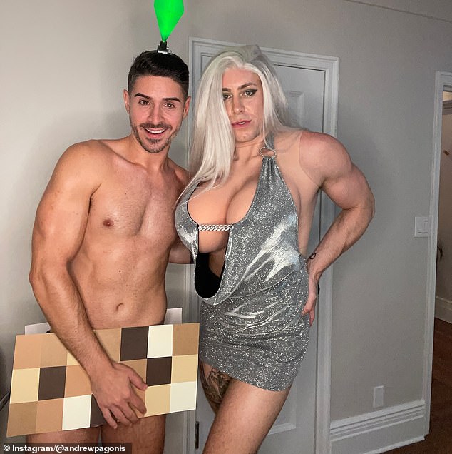 New York-based marketing manager Andrew Pagonis (left) went viral over the weekend after sharing a photo of himself, scantily clad and in costume, at a Halloween party.