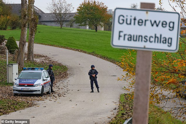 Law enforcement officers patrol during a chase on October 28, 2024 near Rohrbach, Austria