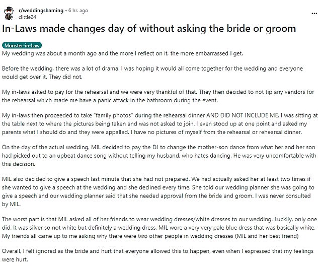 The anonymous newlywed took to Reddit to reveal that she had felt 