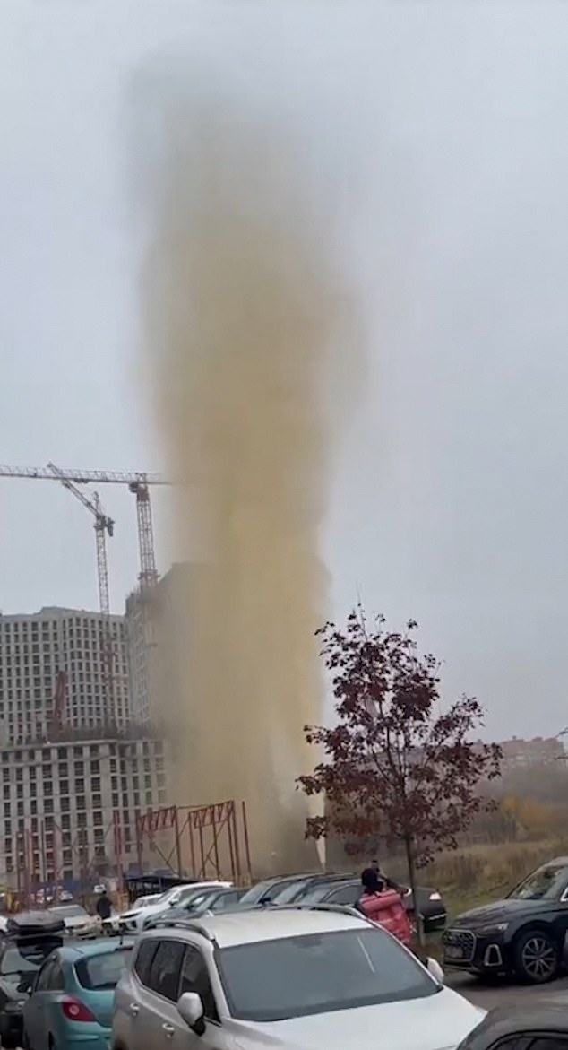 Nauseating images showed a tower of cloudy water gushing from a pipe next to what appears to be a construction site in the Novaya Moskva district.