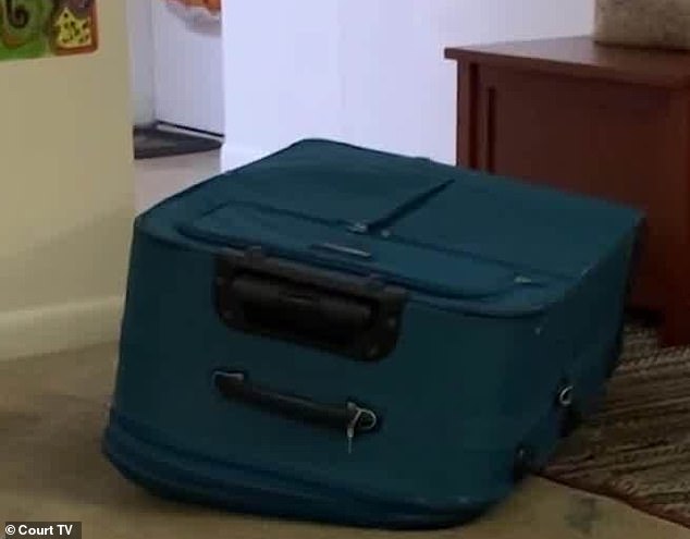 The convicted murderer recorded two clips of her laughing and mocking Torres as he called for help inside the suitcase (pictured), state prosecutor's evidence revealed.