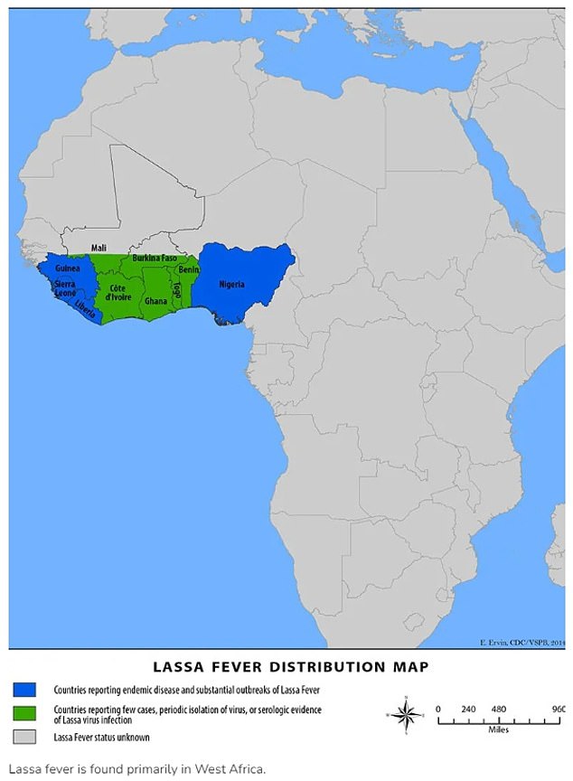 The map above from the CDC shows the areas of West Africa where Lassa fever is endemic and has been detected.