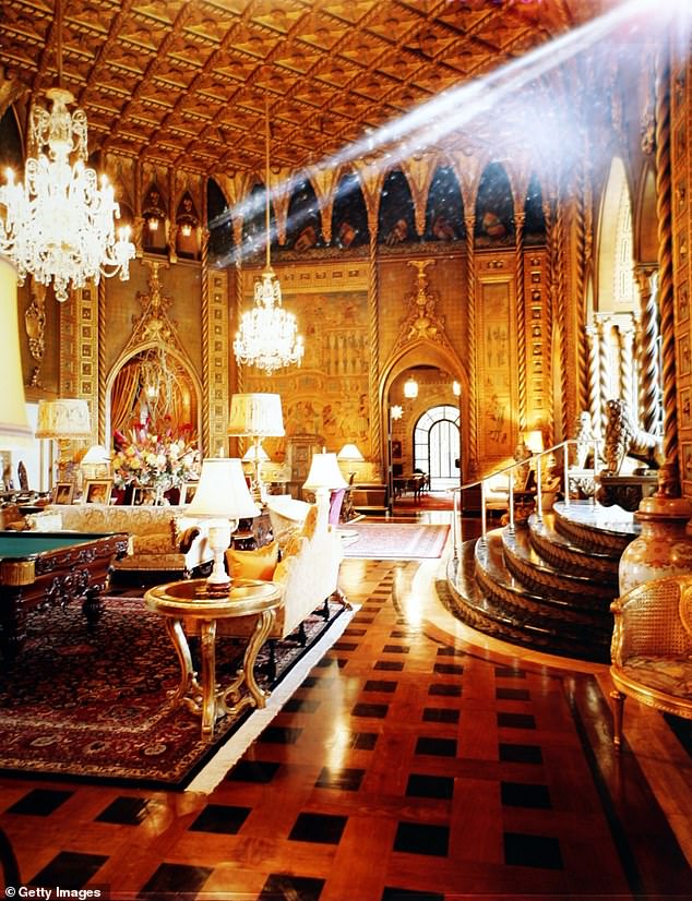 The gilded ceilings and wall details of Post's original design could still be seen in the Mar-a-Lago living room in 2000.