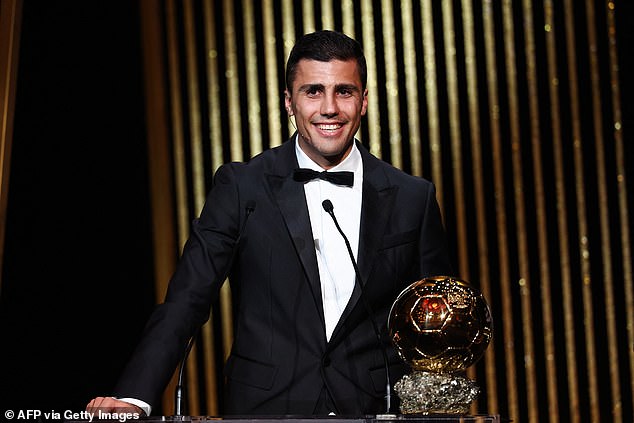 Manchester City's Spanish midfielder Rodri receives the Ballon d'Or award during the 2024 Ballon d'Or award ceremony at the Theater du Chatelet in Paris on October 28.