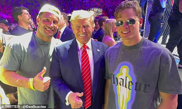 Left to right: 49ers DL Nick Bosa, former President Donald Trump, Bengals QB Joe Burrow