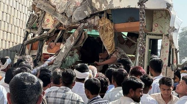 Chilling images show the bus completely crushed. Indian Prime Minister Narendra Modi announced plans to give the deceased's loved ones 200,000 Indian rupees, the equivalent of £1,829.