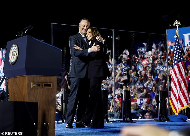 Doug Emhoff joined Kamala Harris on stage after her comments