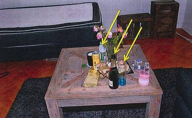 Police found traces of flunitrazepam (Rohypnol) in the juice and champagne bottles and in the glass in the woman's apartment.