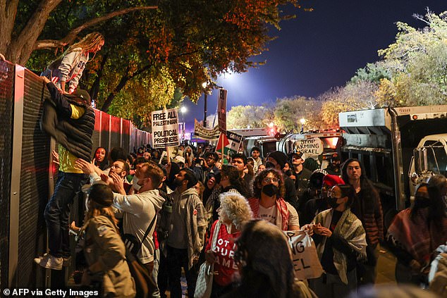 Pictured: A crowd of pro-Palestinian protesters gathered around a fence near the National Mall.