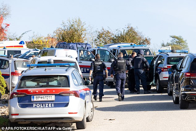 The Nine News Sydney presenter, 58, was reporting on Monday's tragic shooting in Austria, in which a hunter killed two people, including a local mayor. (Pictured: Austrian police at the crime scene)