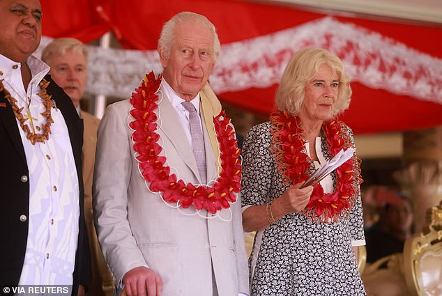 The King and Queen pictured attending a ceremony on the final day of the royal visit to Australia and Samoa.