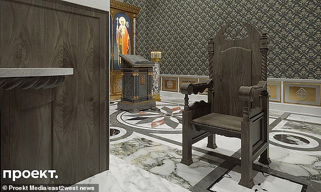 Inside the palace is a wooden throne for Putin, along with sacred religious icons and images.