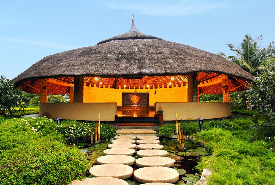 Jane's program included yoga twice a day in the outdoor thatched shala (pictured).