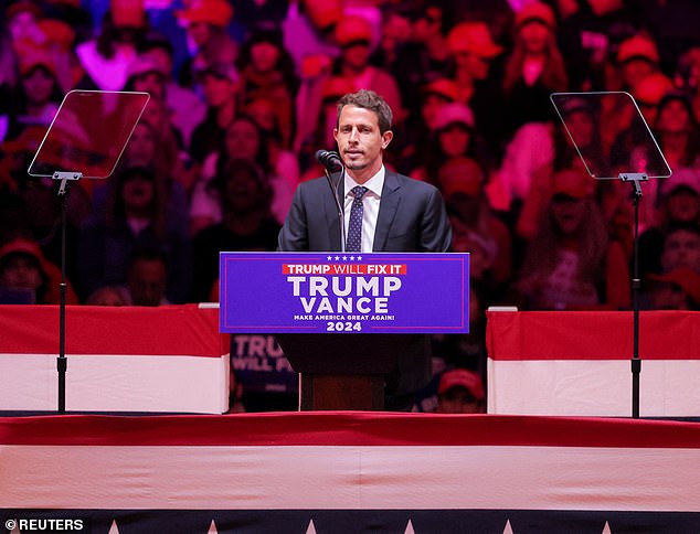 Comedian Tony Hinchcliffe speaks during a rally for Republican presidential candidate and former US President Donald Trump at Madison Square Garden in New York, the United States, on October 27, 2024.