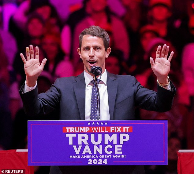 Comedian Tony Hinchcliffe speaks during a rally for Republican presidential candidate and former US President Donald Trump at Madison Square Garden in New York, the United States, on October 27, 2024.