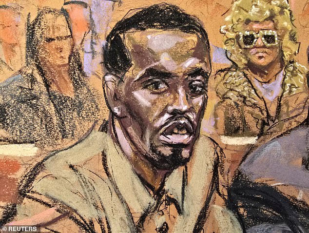 Artist's drawing of the courtroom by Sean Combs in the Manhattan federal courthouse. A trial has been scheduled for May 2025 for his criminal trial.