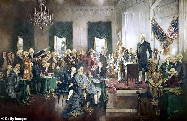 The signing of the United States Constitution, with George Washington, Benjamin Franklin, and Thomas Jefferson at the Constitutional Convention of 1787; oil painting on canvas by Howard Chandler Christy, 1940. The painting measures 20 by 30 feet and hangs in the United States Capitol Building.