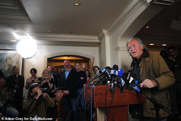 After presenting his livestreamed show War Room, he held a press conference in a packed Manhattan hotel suite.