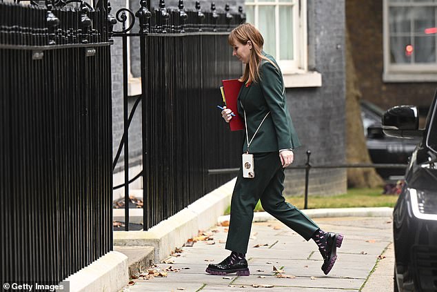 Rayner, 44, arrived at Downing Street this morning for a cabinet meeting wearing platform loafers with a bold purple zigzag sole and his mobile phone swinging at his side on a strap.