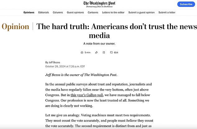 Bezos published a lengthy op-ed Monday night explaining his newspaper's decision not to endorse Kamala Harris for the election.