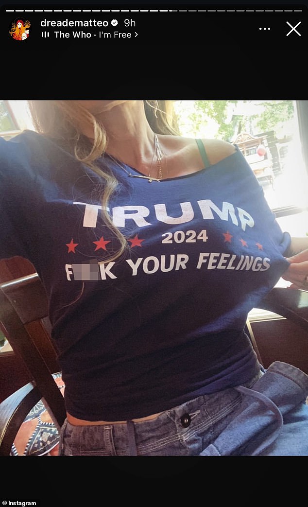 'Investigate your reality. Not in the first 20 results of Google,” she told her fans, before posting a photo of herself wearing a T-shirt that said “TRUMP 2024,” which had “F**K YOUR FEELINGS” written across its chest.