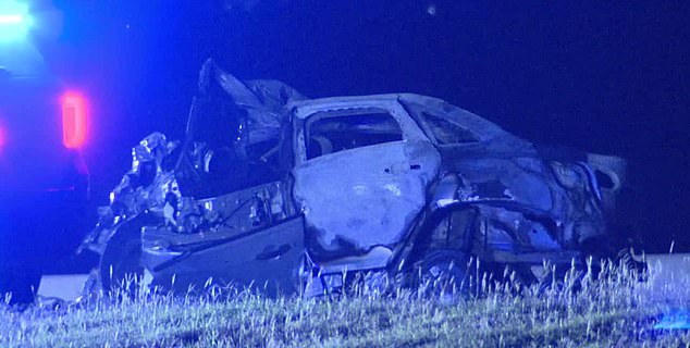 The family car is seen here. It exploded on impact and was traveling on the wrong side of the Fort Worth freeway when the accident occurred.