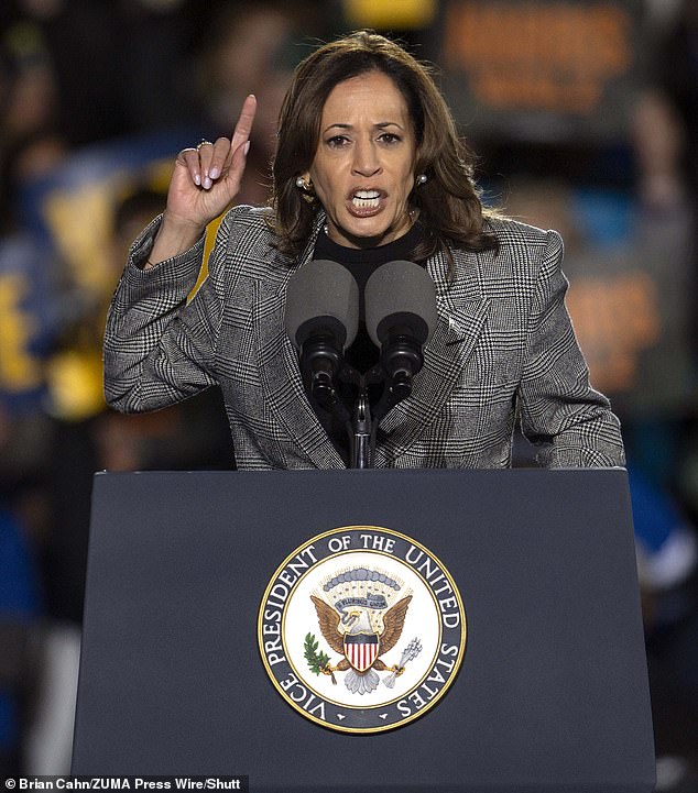 Democratic presidential candidate Kamala Harris speaks during a campaign rally in Burns Park. Harris and Walz demonstrate in Ann Arbor, Michigan, on October 28