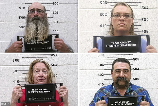 Tifany Adams (bottom left), the children's grandmother, her boyfriend, Tad Cullum (top right), Cole Twombly (bottom right), and Cora Twombly (top right) were involved in a religious group anti-government group known as 'God's Misfits'. All were arrested for the possible kidnapping and murder of both women.